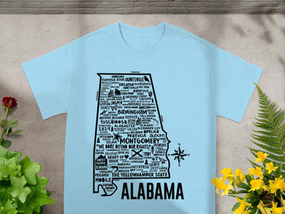 Alabama Map Design T-Shirt With City Names Print