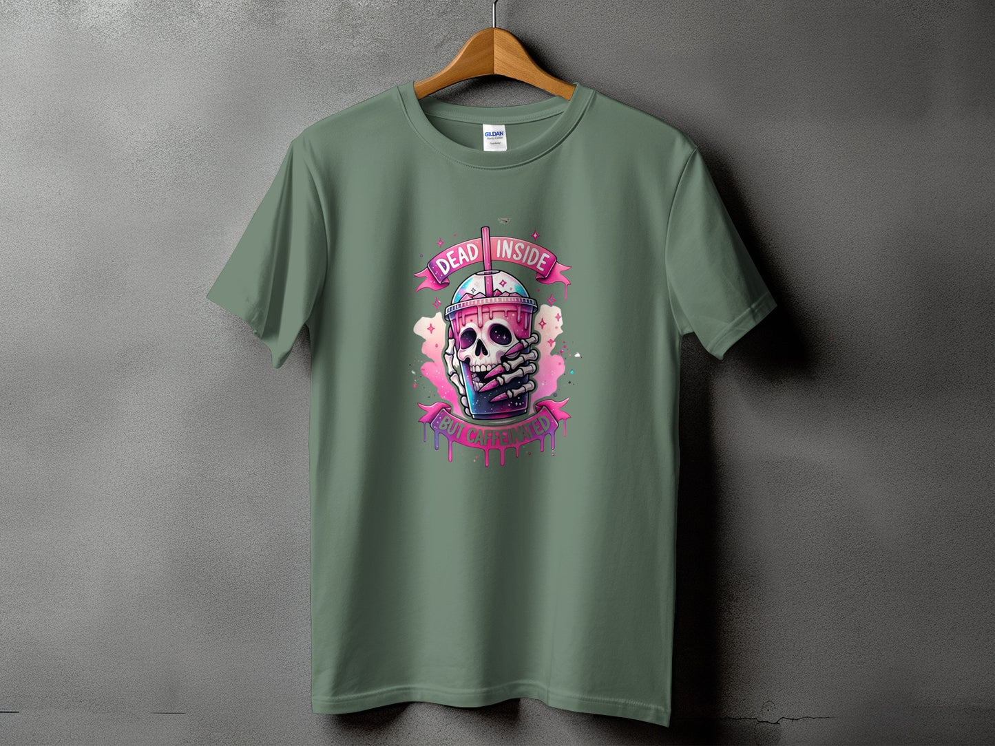 T-shirt with a skull holding a drink, text reads "Dead Inside But Caffeinated".