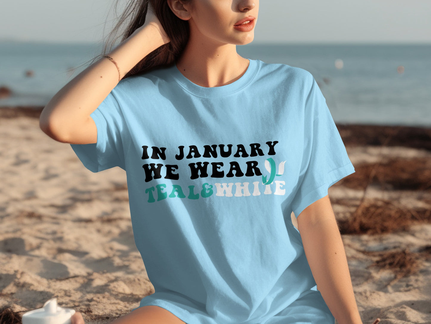 In January We Wear Teal and White T-Shirt Product
