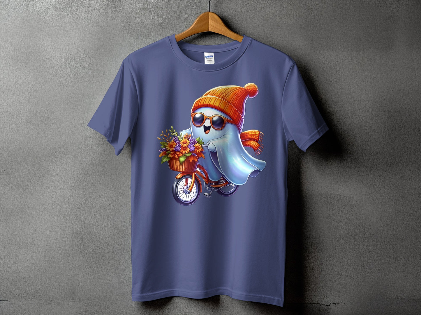 Ghost on bicycle with flowers, wearing sunglasses, beanie, and scarf.