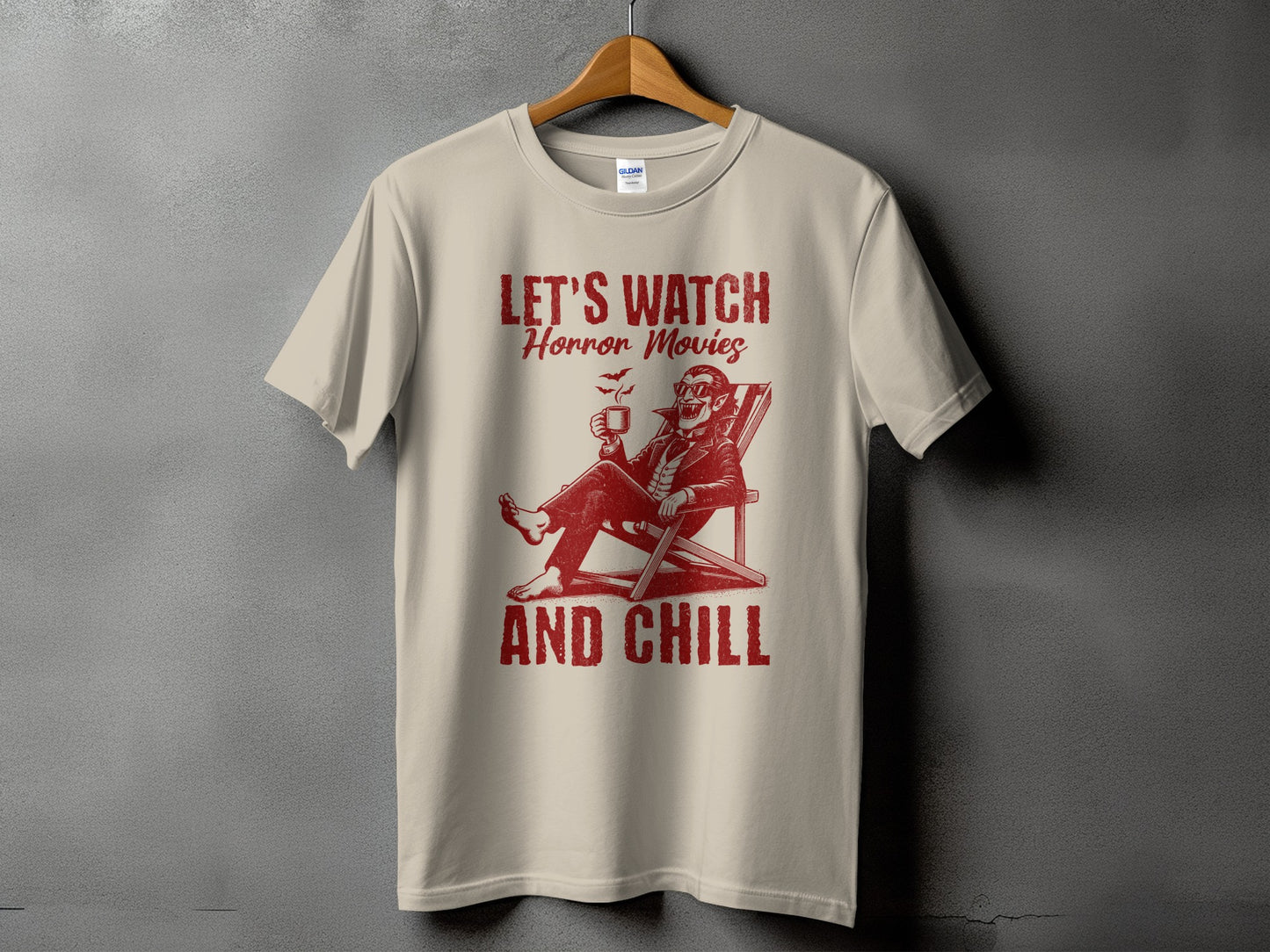 T-shirt with "Let's Watch Horror Movies And Chill" text and vampire graphic.