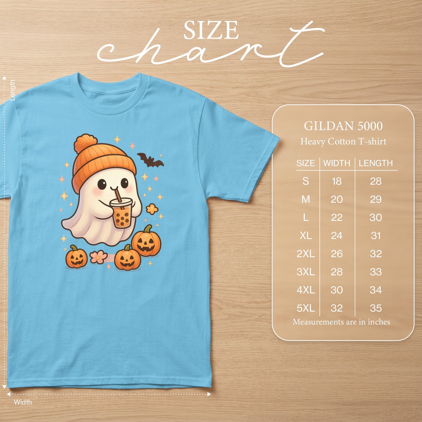 Light blue Gildan 5000 t-shirt with a cartoon ghost drinking boba, pumpkins, and a bat.