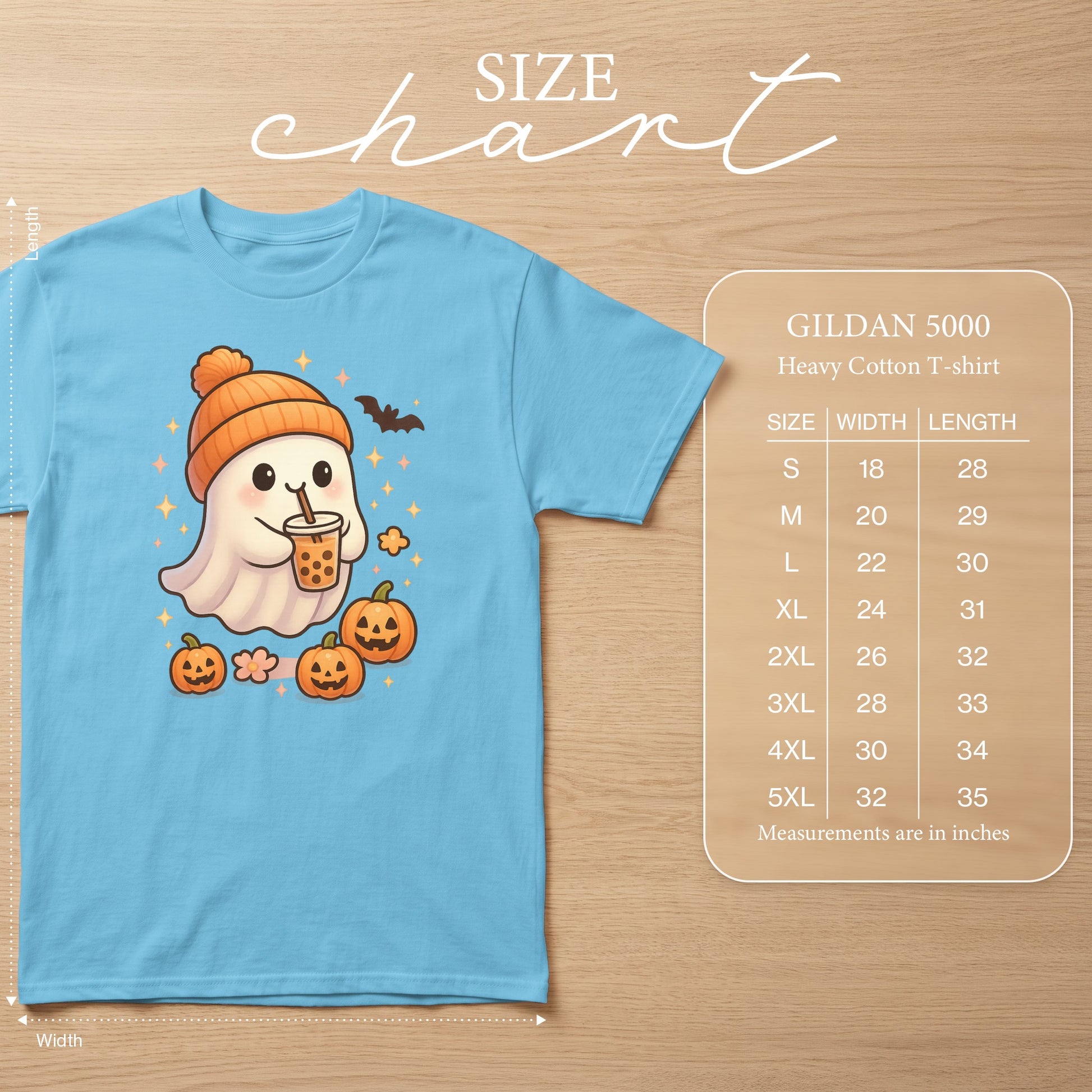 Light blue Gildan 5000 t-shirt with a cartoon ghost drinking boba, pumpkins, and a bat.