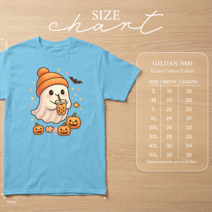 Light blue Gildan 5000 t-shirt with a cartoon ghost drinking boba, pumpkins, and a bat.