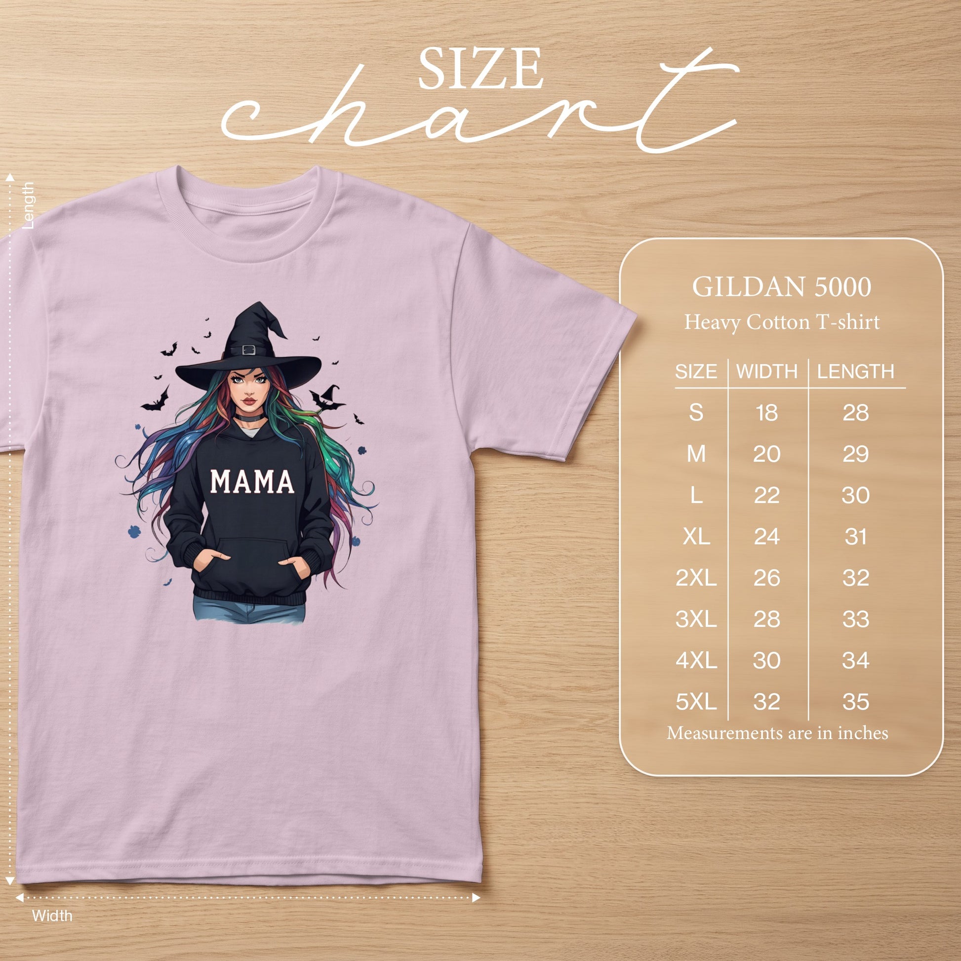Gildan 5000 size chart for heavy cotton t-shirt, featuring "MAMA" witch graphic.