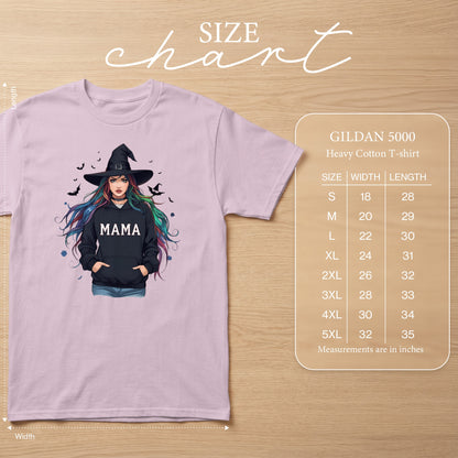 Gildan 5000 size chart for heavy cotton t-shirt, featuring "MAMA" witch graphic.