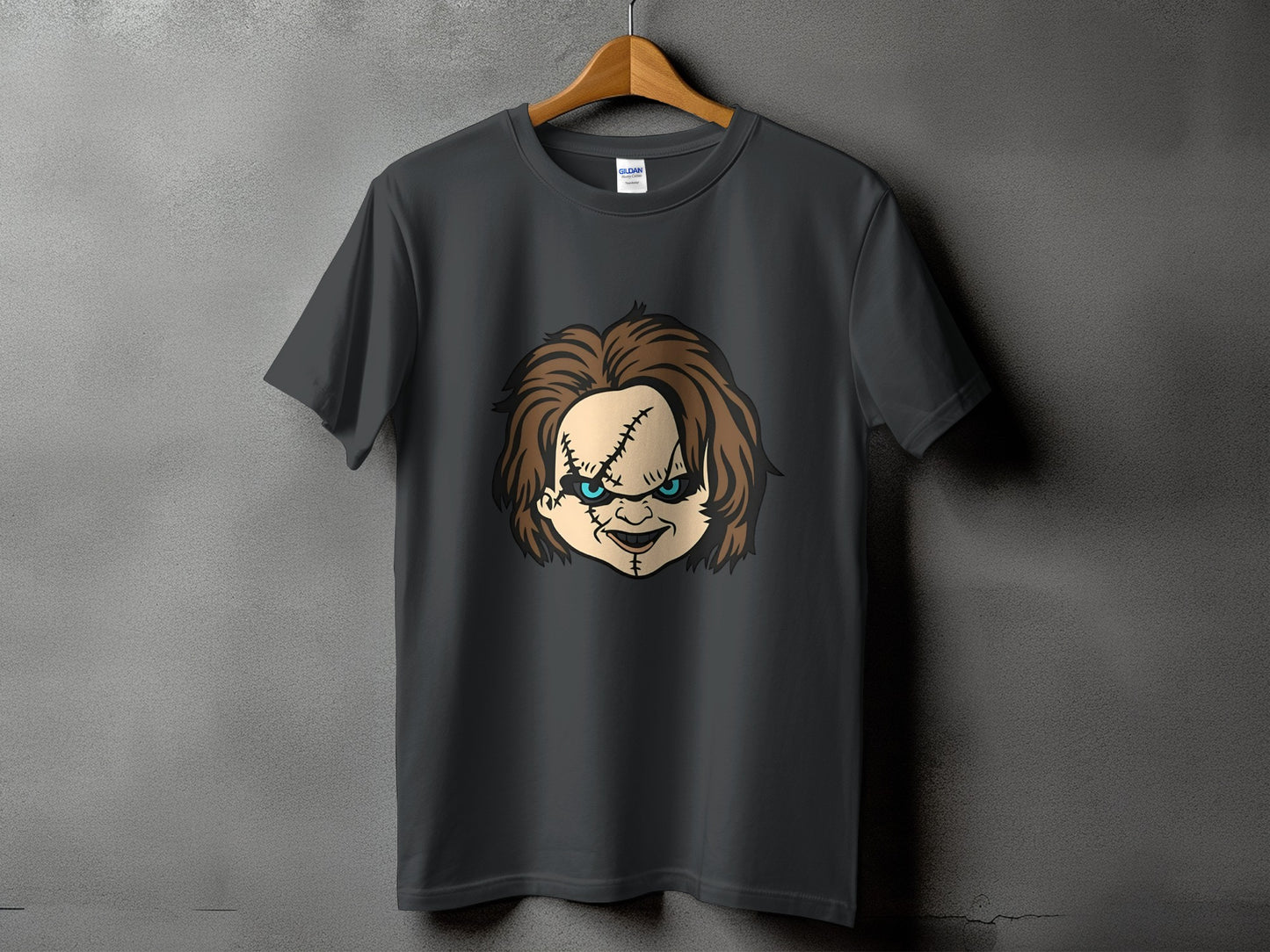 Dark grey t-shirt with Chucky doll face graphic.