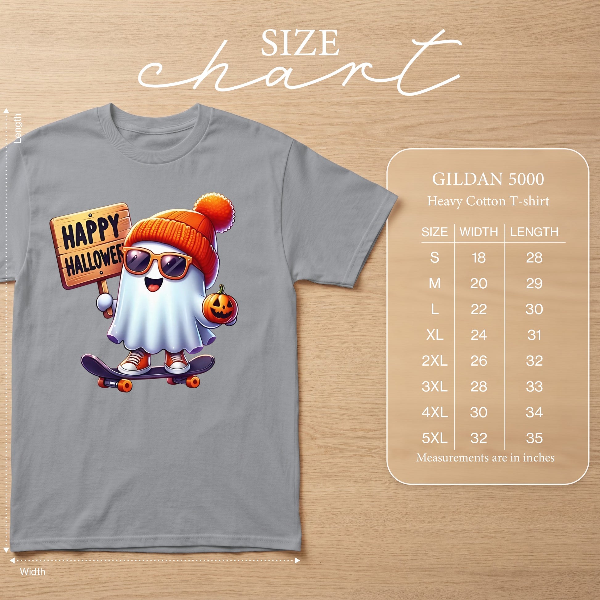 Ghost character on skateboard holding "Happy Halloween" sign and pumpkin. Size chart.