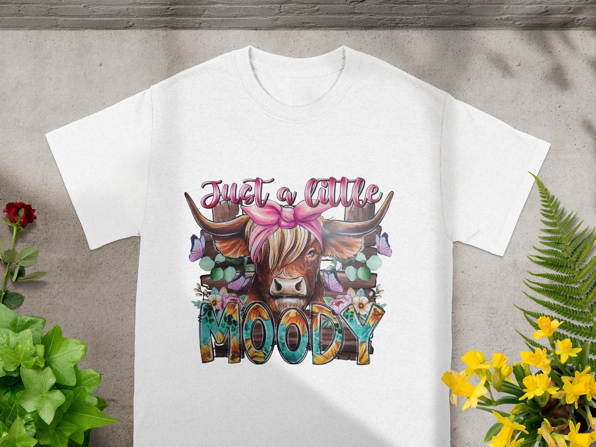 Just a Little Moody Graphic T-Shirt with Cow Design