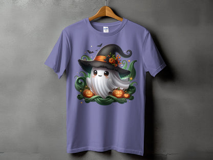 Ghost in witch hat with pumpkins and bats on a purple t-shirt.