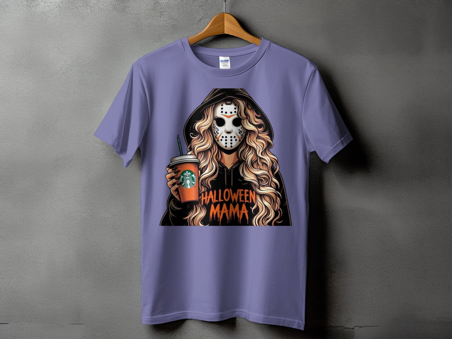 Purple t-shirt with "Halloween Mama" graphic featuring a woman in a mask holding a coffee cup.