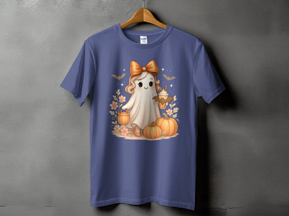 Purple t-shirt with a cute ghost character holding a pumpkin bucket and drink.