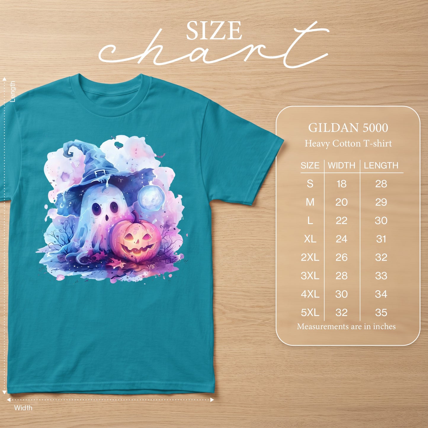 Teal t-shirt with watercolor ghost, pumpkin, and moon design; size chart.