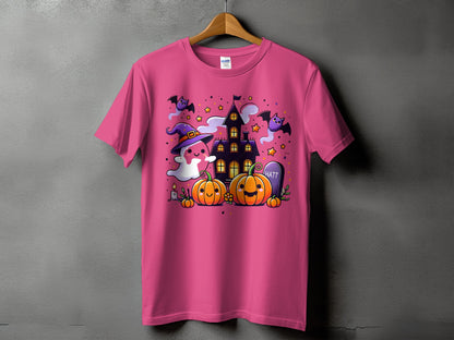 Pink t-shirt with a Halloween graphic featuring pumpkins, a ghost, bats, and a haunted house.