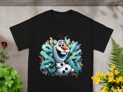 Black t-shirt with Olaf the snowman in front of colorful graffiti art.
