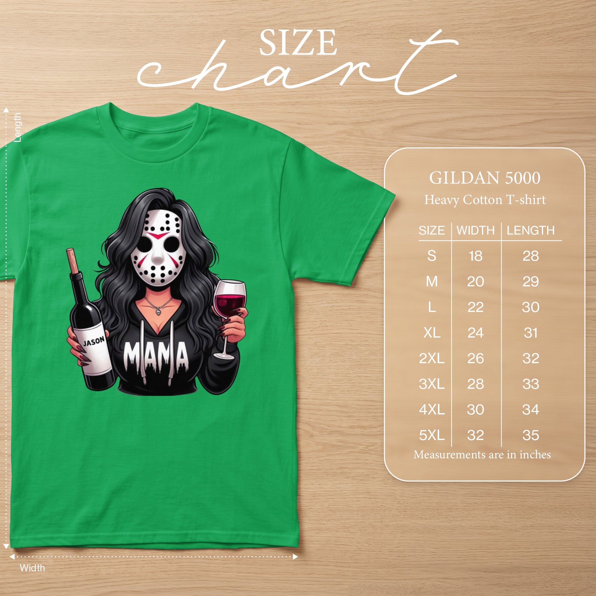 Green t-shirt with horror mask graphic, wine bottle, and "Mama" text. Size chart included.