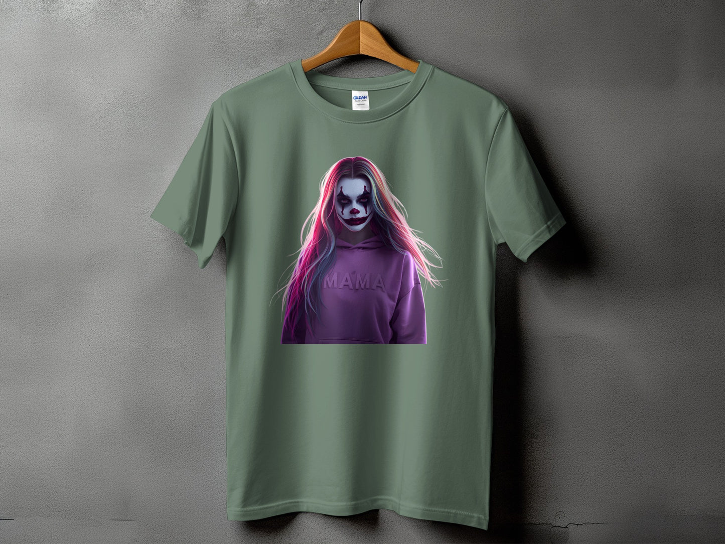 Green t-shirt with graphic of a clown woman and the word "MAMA".