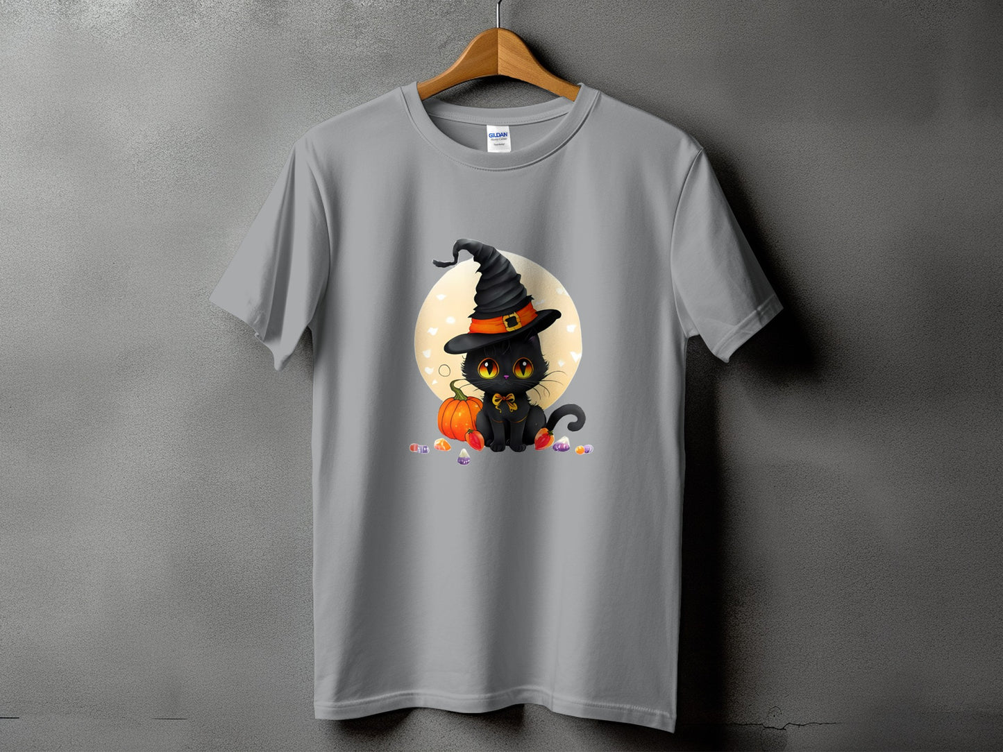 Gray t-shirt with a black cat wearing a witch hat and Halloween candy graphic.