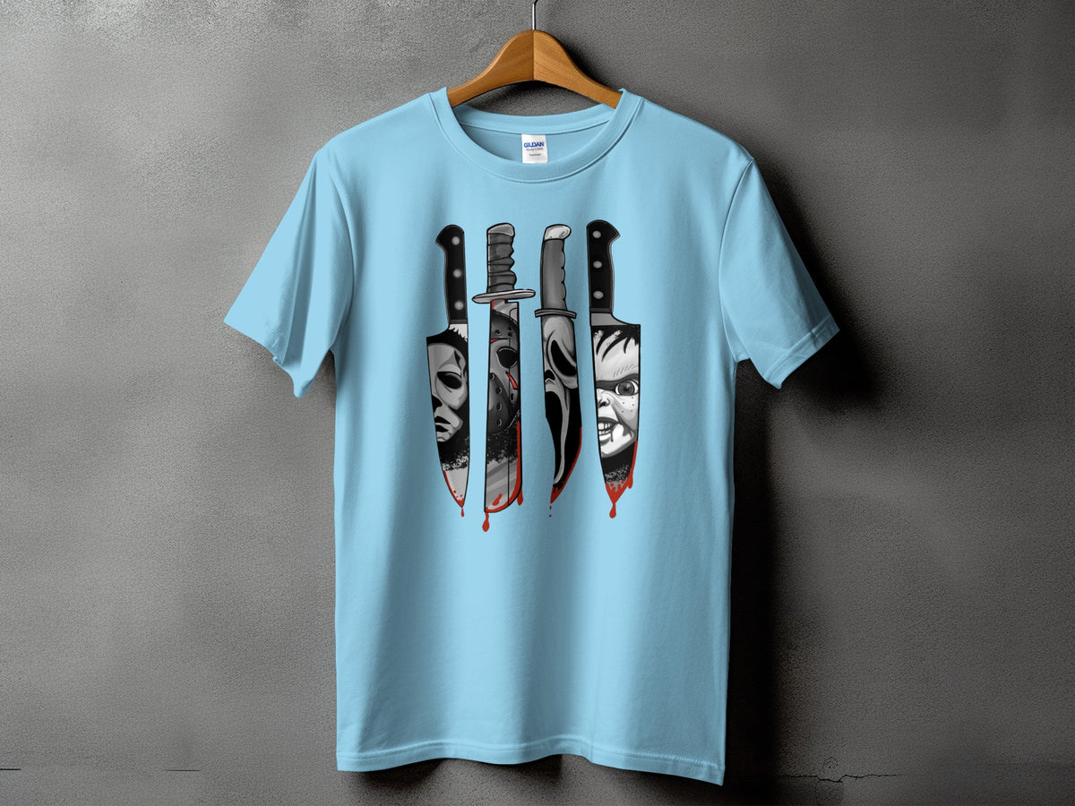 Light blue t-shirt with horror movie villains on knives graphic.