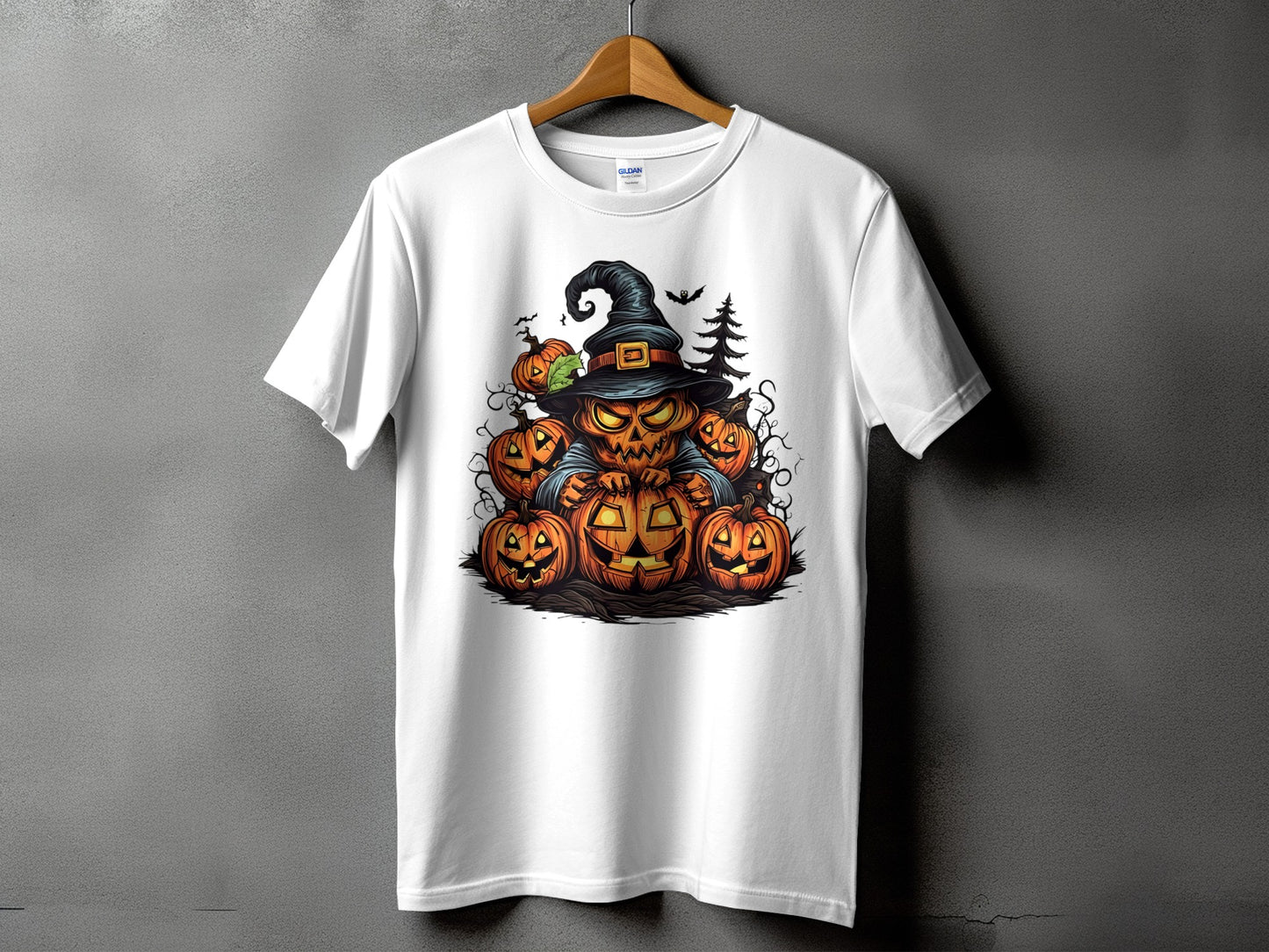 White t-shirt with a Halloween graphic featuring a jack-o'-lantern figure and pumpkins.