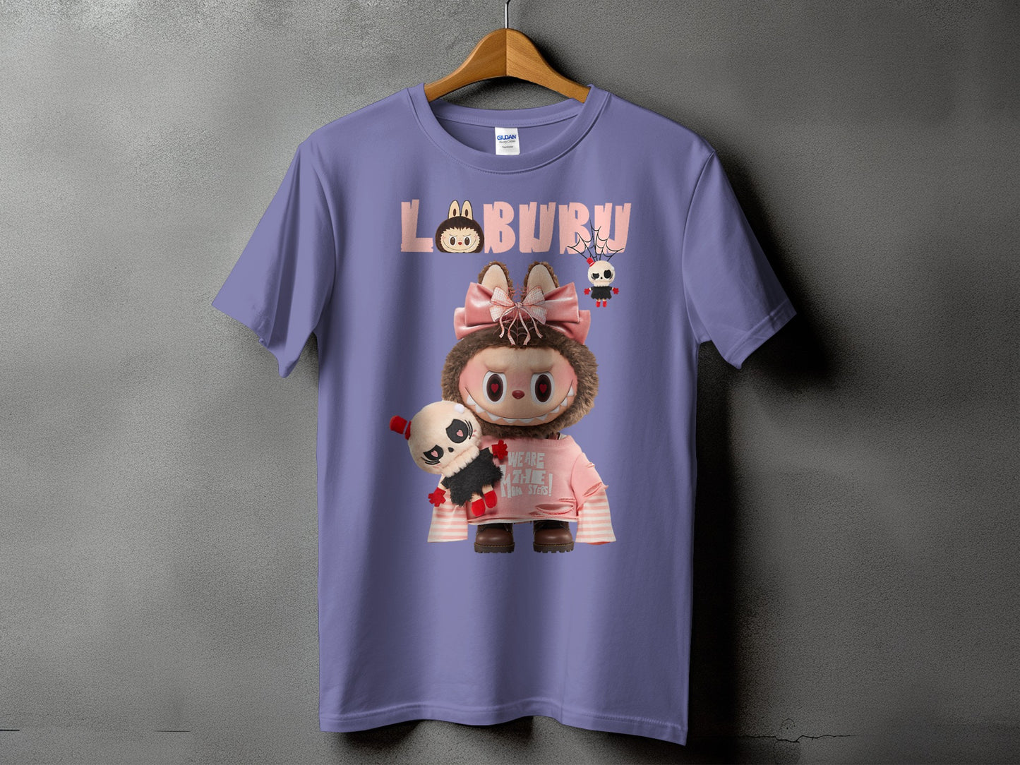Purple t-shirt with "LABURU" text and cartoon characters on front.