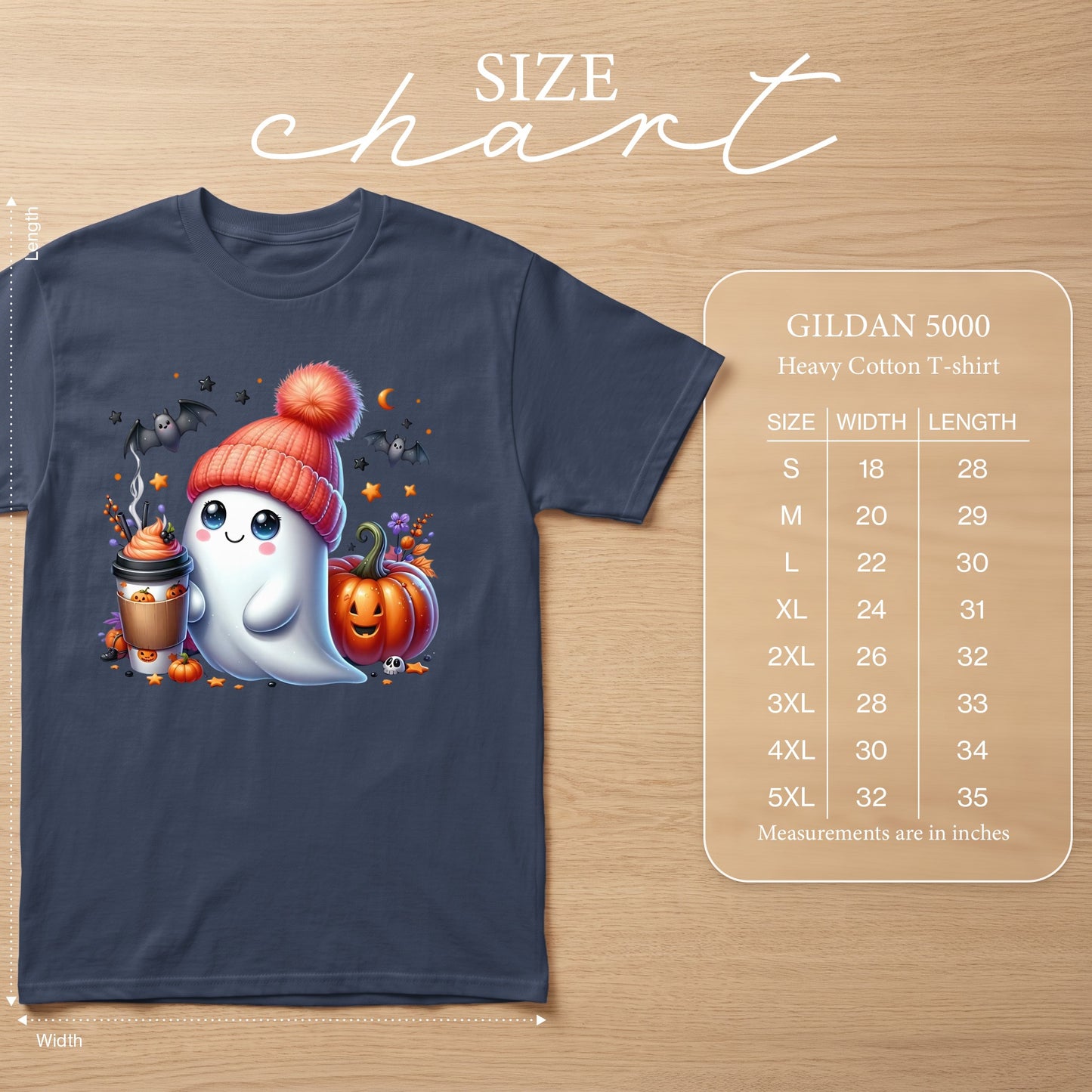 Gildan 5000 Heavy Cotton T-shirt with cute ghost, pumpkin, and coffee design.