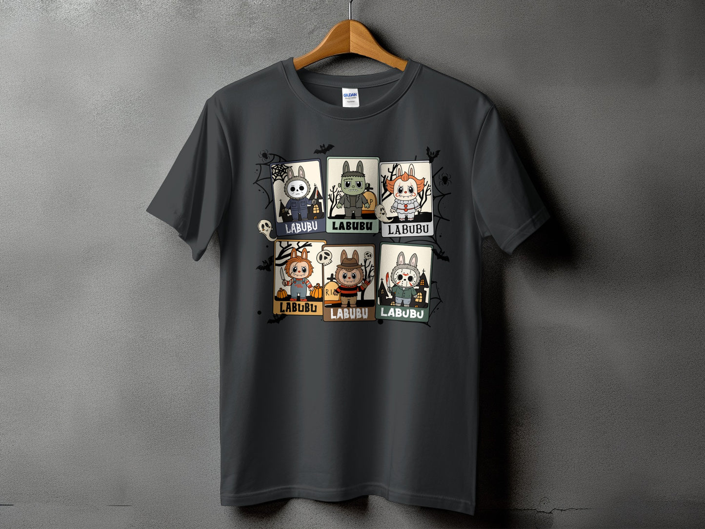 Dark gray t-shirt featuring six cartoon horror characters with "LABUBU" text below each.