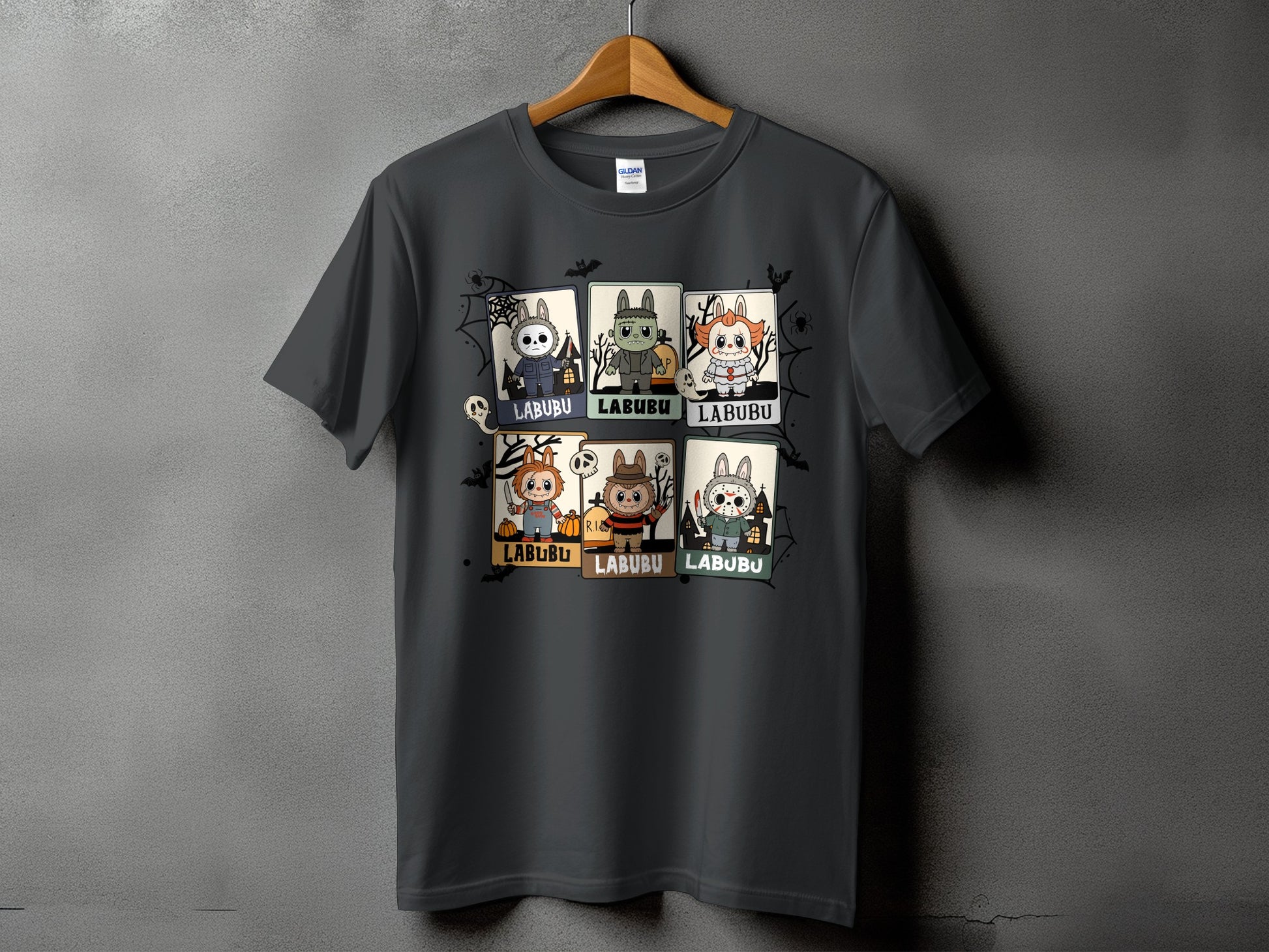 Dark gray t-shirt featuring six cartoon horror characters with "LABUBU" text below each.