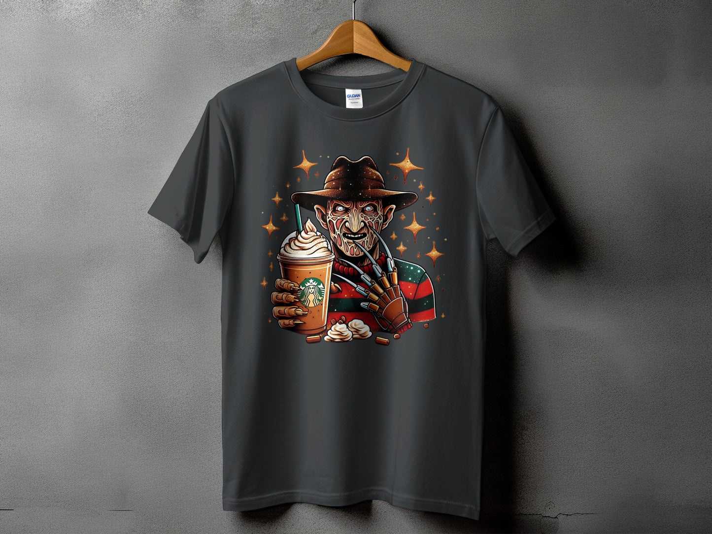 Freddy Krueger holding a Starbucks coffee with cream and star accents.