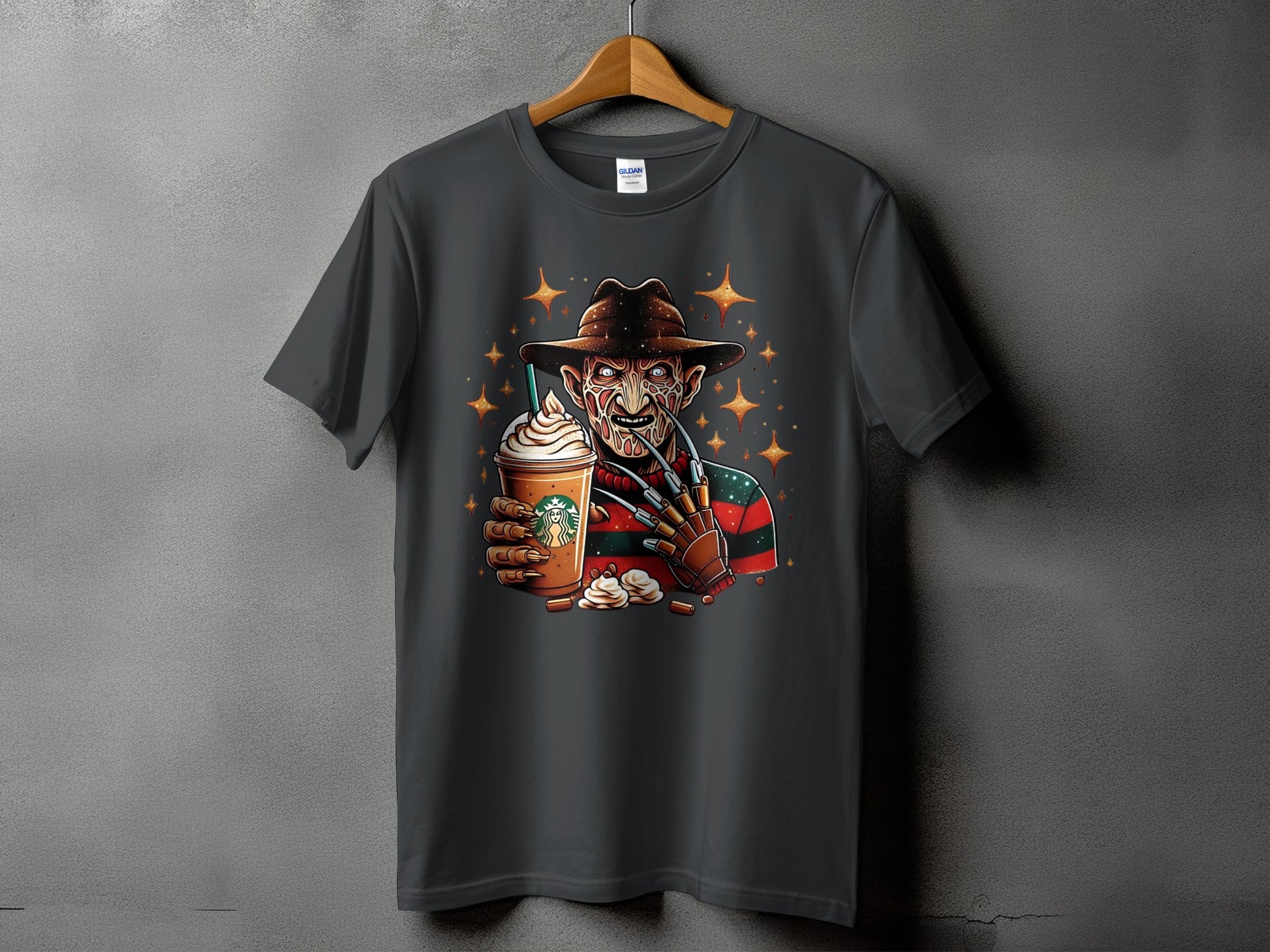 Freddy Krueger holding a Starbucks coffee with cream and star accents.