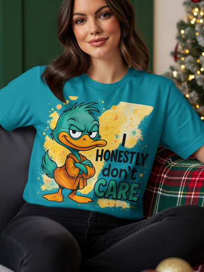 T-shirt with cartoon duck wearing an orange robe and saying "I HONESTLY DON'T CARE".