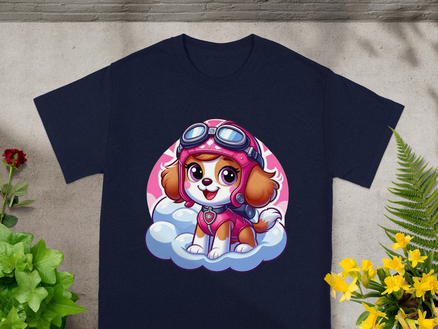Navy t-shirt with cartoon Skye from Paw Patrol on a cloud.