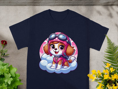 Navy t-shirt with cartoon Skye from Paw Patrol on a cloud.