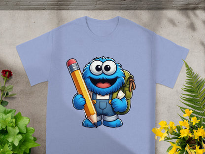 Blue monster with backpack and pencil on light purple t-shirt.
