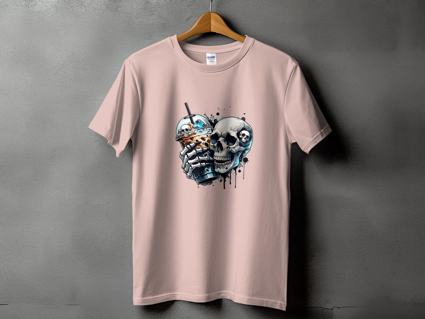 T-shirt with a graphic of a skeleton holding a boba tea and a skull.