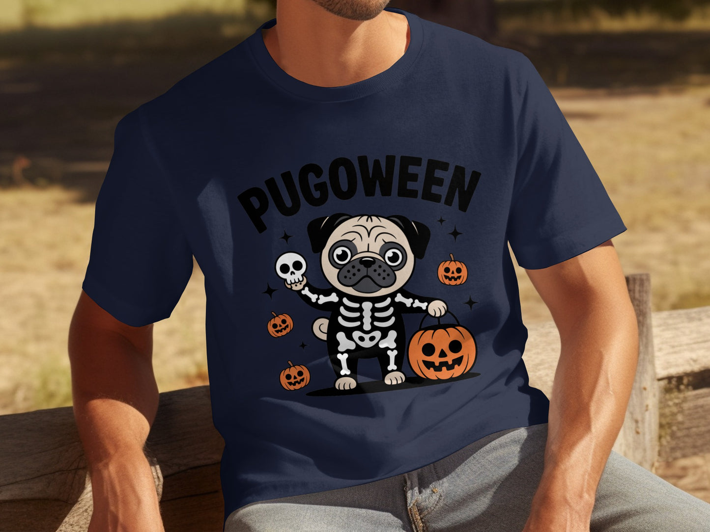 Pugoween Skeleton Pug and Pumpkins Halloween Shirt