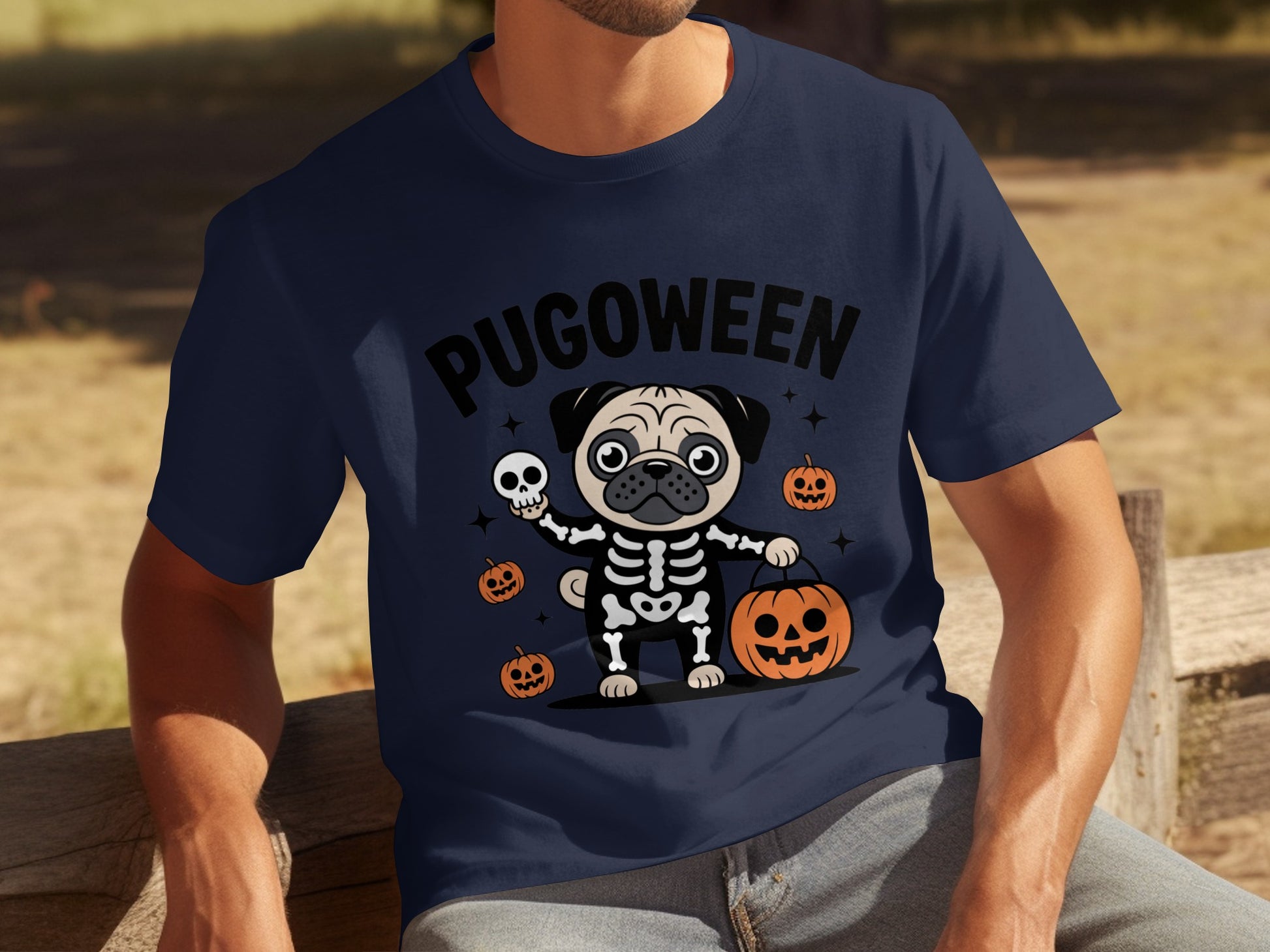 Pugoween Skeleton Pug and Pumpkins Halloween Shirt