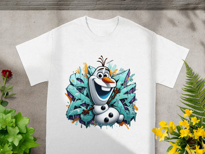 White t-shirt with Olaf from Frozen cartoon against graffiti art.