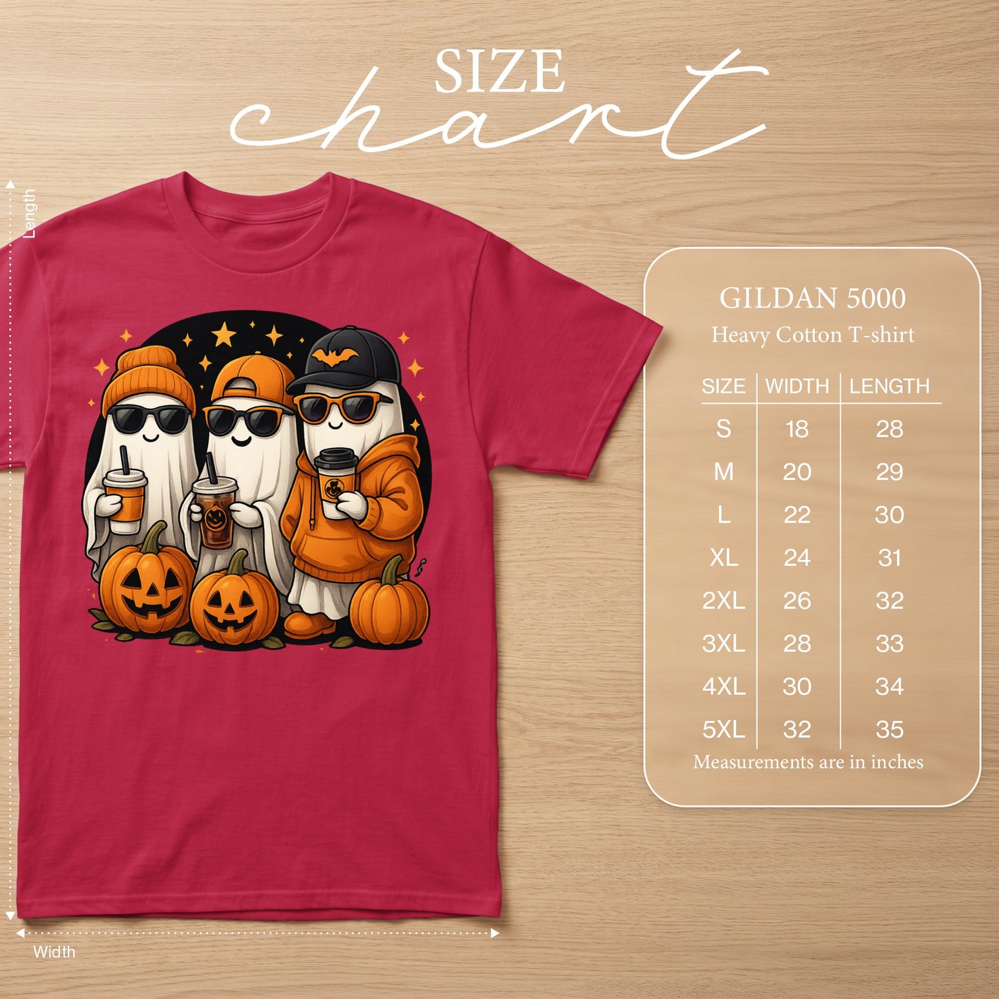 Gildan 5000 Heavy Cotton T-shirt with ghost Halloween graphic and size chart.