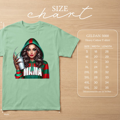 Light green t-shirt with graphic of woman and Gildan 5000 size chart.