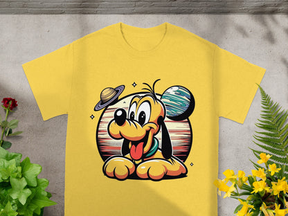 Yellow t-shirt featuring Pluto the cartoon dog with planets in the background.