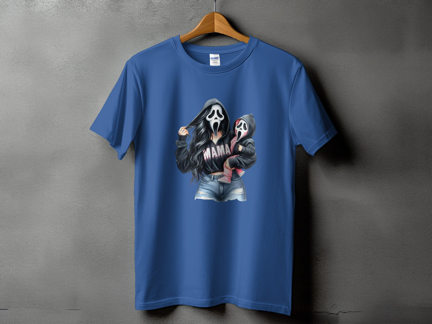 Blue t-shirt with graphic of mother and child in Scream masks, "MAMA" text.