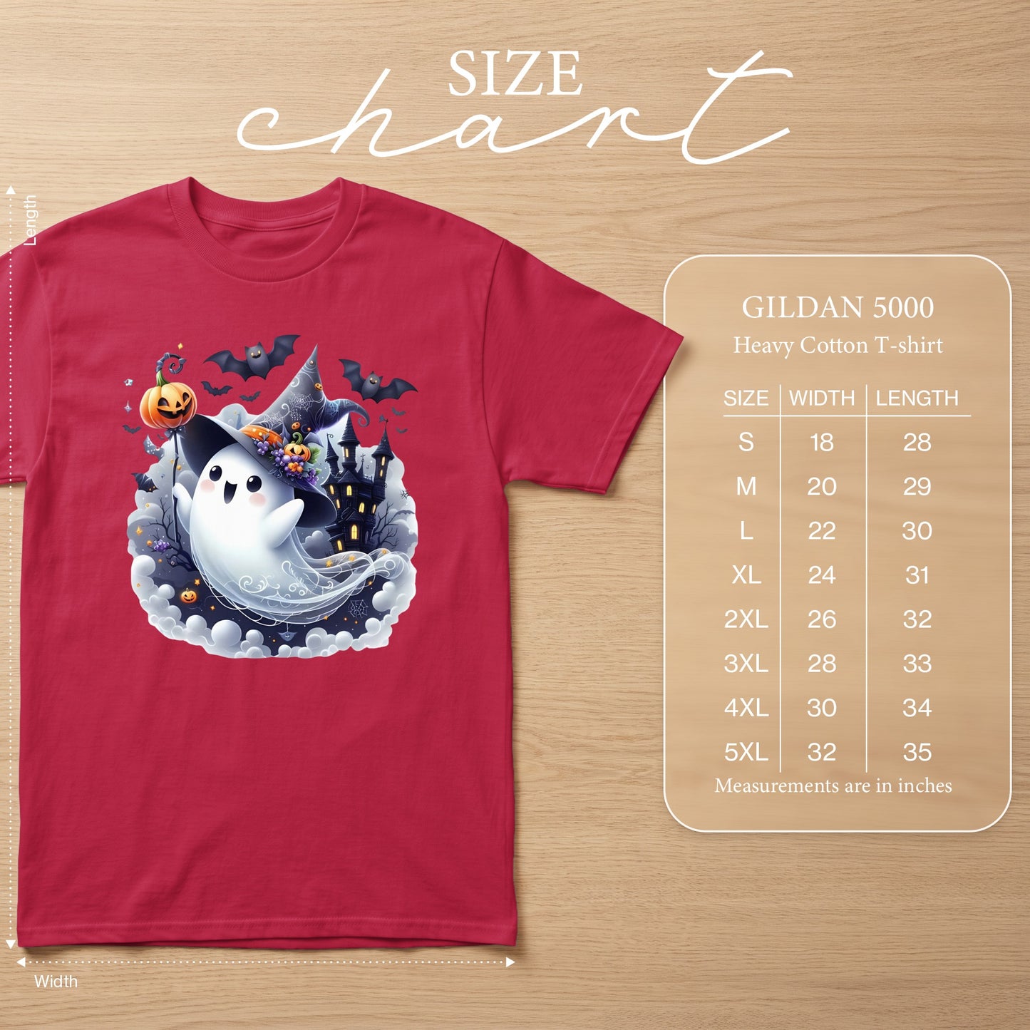 Red Gildan 5000 t-shirt with Halloween ghost graphic and size chart.