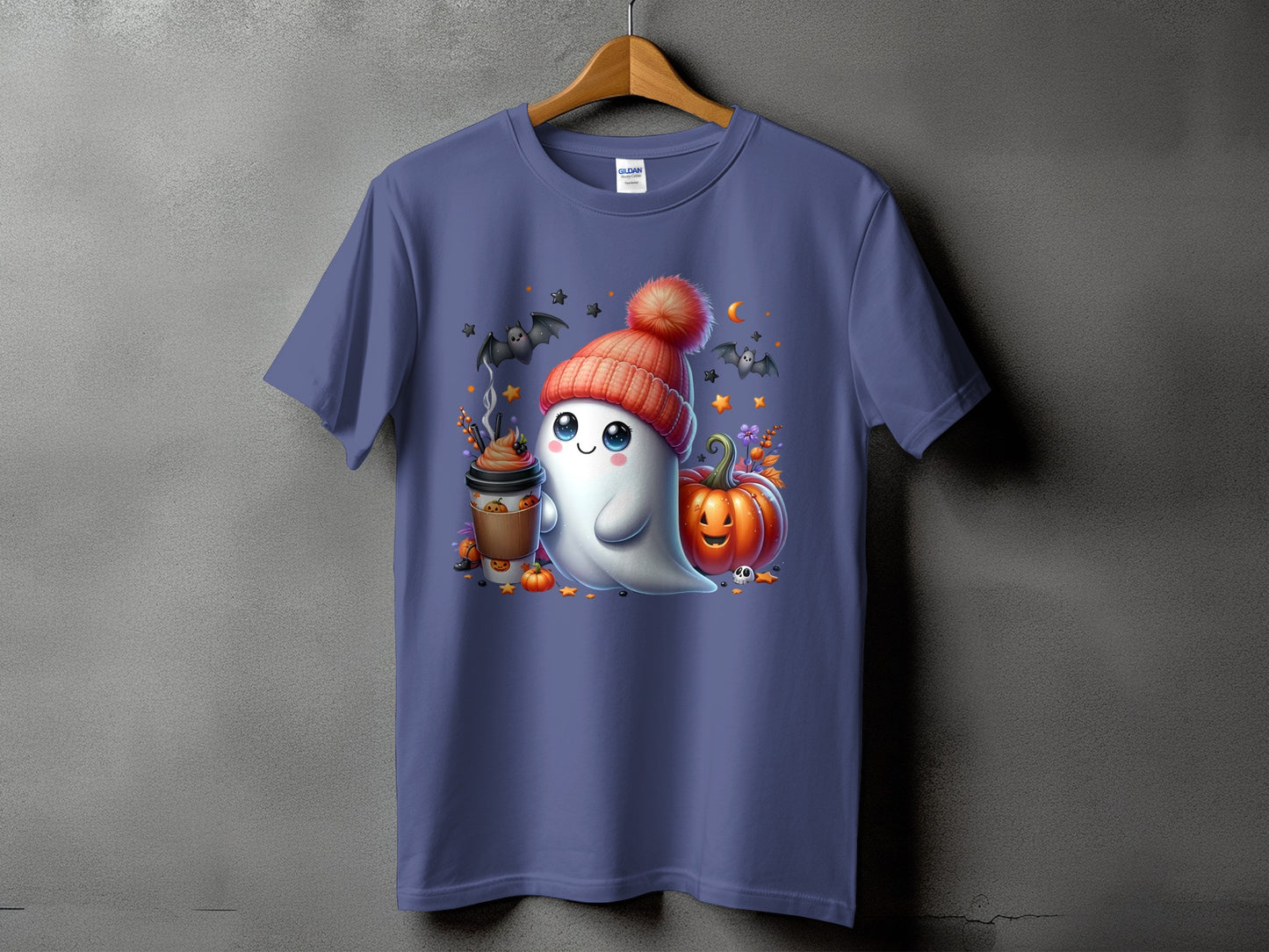 Cute ghost in beanie with coffee, pumpkins, bats, and stars on a purple t-shirt.