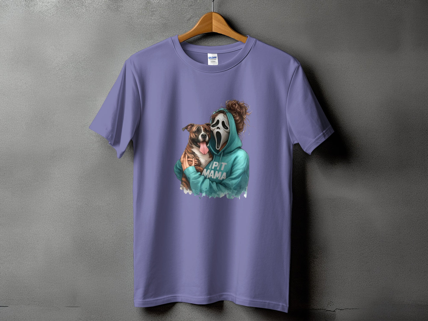Purple t-shirt with graphic of person in Ghostface mask holding a dog, saying "PIT MAMA."
