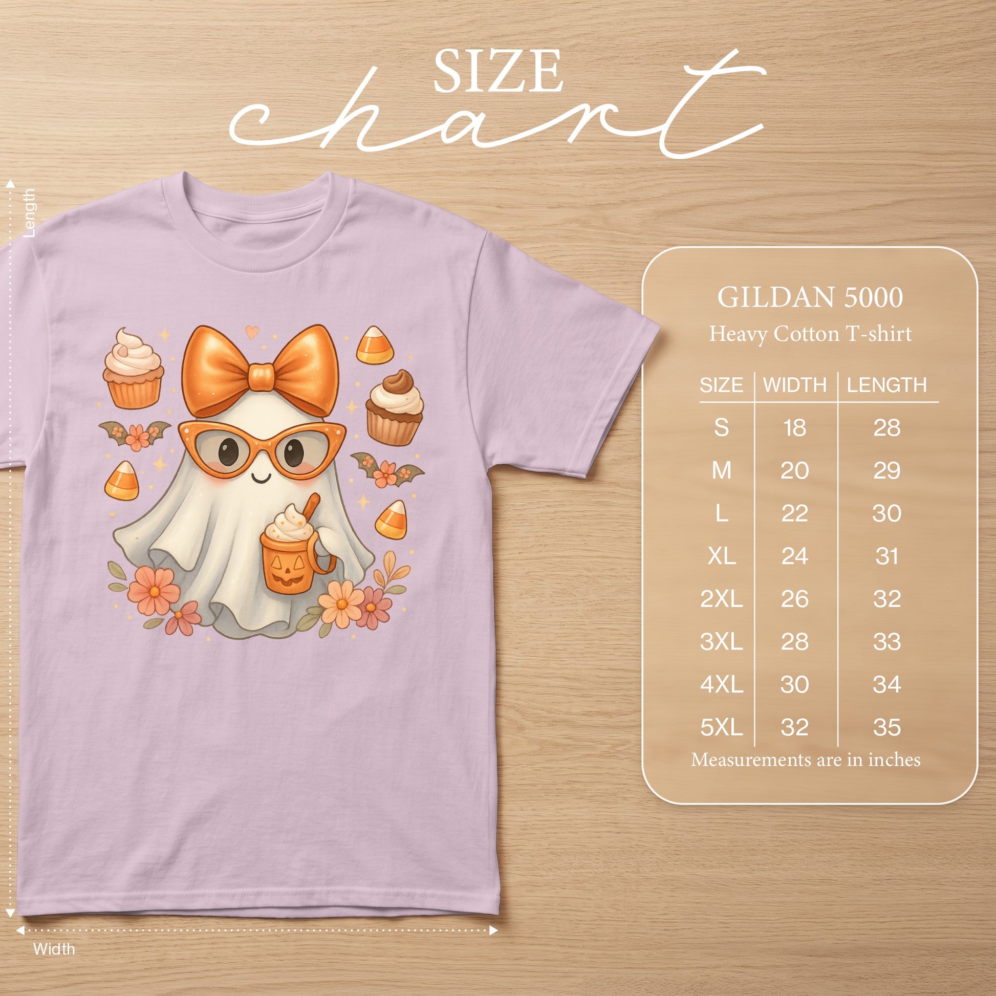 Ghost graphic t-shirt with size chart for Gildan 5000 Heavy Cotton T-shirt.
