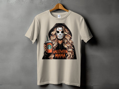 T-shirt with Halloween Mama design featuring a masked figure holding a Starbucks cup.