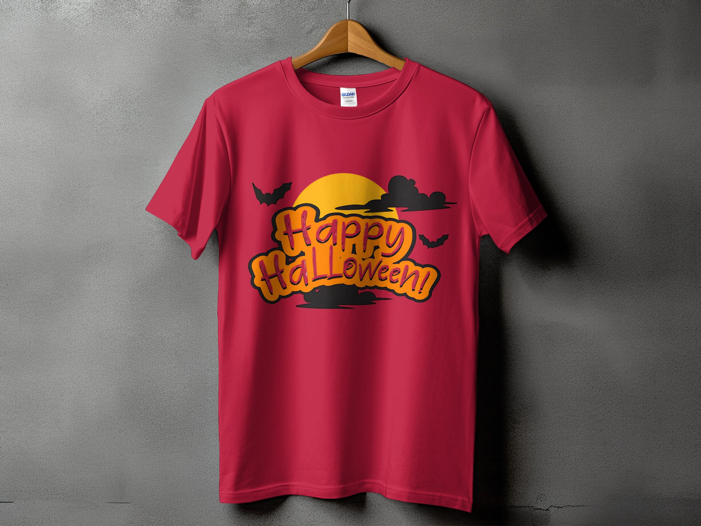 Red t-shirt with "Happy Halloween!" text, bats, clouds, and a yellow sun.