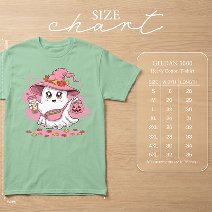 Light green t-shirt with a cute ghost wearing a witch hat and fanny pack, with a size chart.