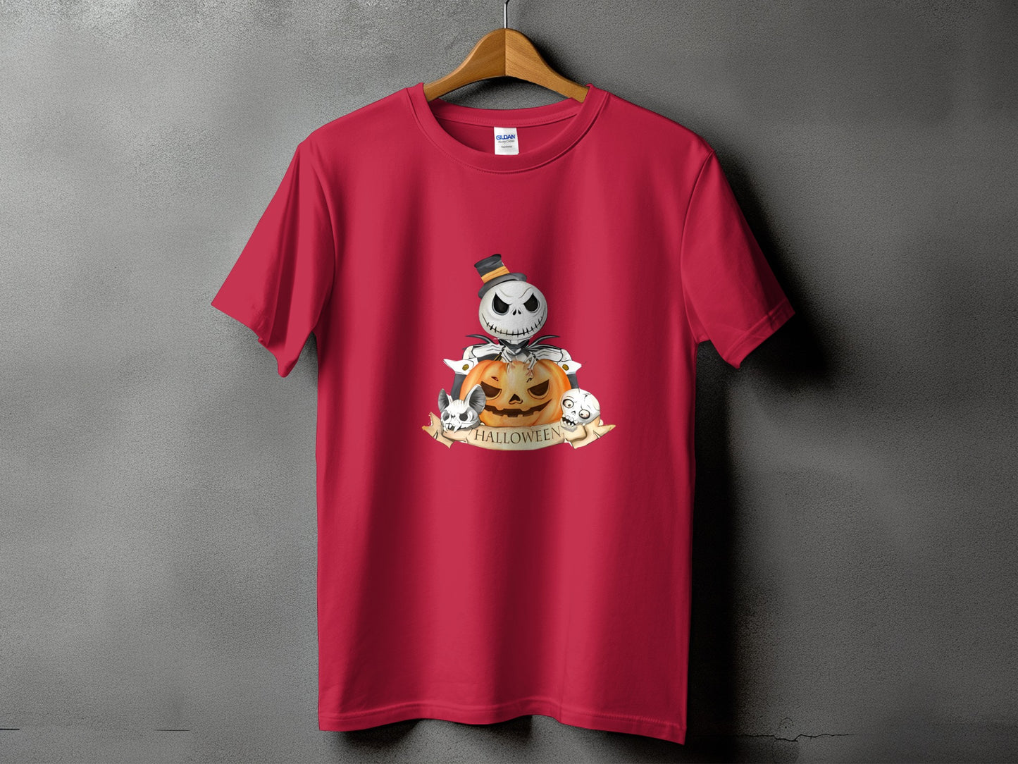 Red t-shirt with a Halloween graphic of a skeleton, pumpkin, and skulls.